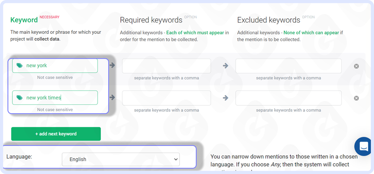 How to add keywords to the Project in Brand24. Brand24 keyword settings for “new york” with English language filters.